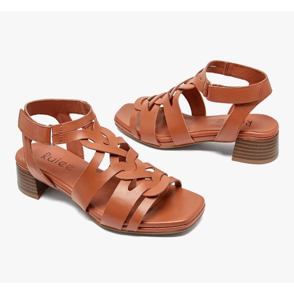Ruiee Womens Tan Faux Leather Strappy Gladiator Sandals Square Toe Heel‎ Size 11